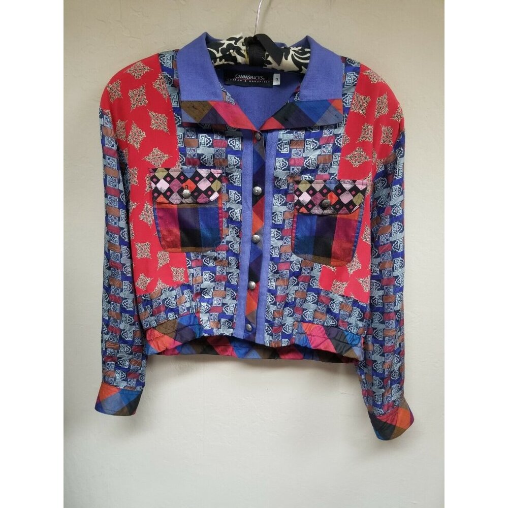 Vintage Canvasbacks Womens Silk Cropped Top Blouse Medium Button Down Multicolor